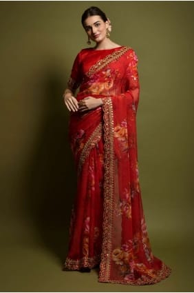 Red Saree with Embroidered,printed Georgette SR22405