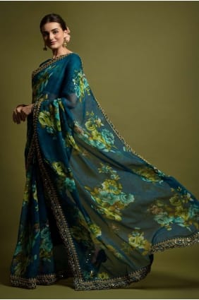 Embroidered,printed Georgette Teal Saree with Blouse SR22406