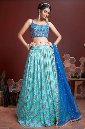 Digital print Silk Blue Party Lehenga Choli with Dupatta LC5634