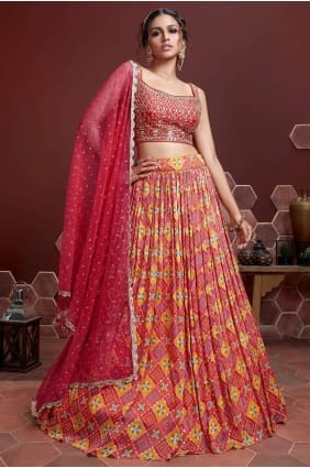 Red Silk Digital print Party Lehenga Choli with Dupatta LC5635