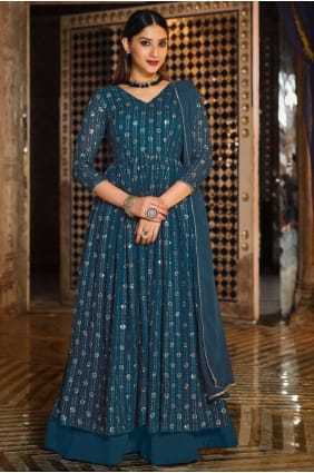 Embroidered Georgette Diwali Salwar Kameez in Teal with Dupatta PZ3102
