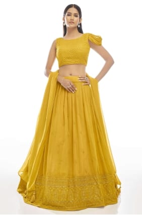 Mustard Embroidered Party Lehenga Choli in Georgette LC5648