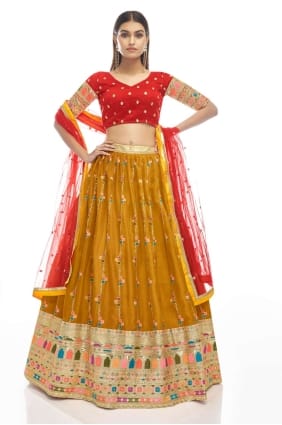 Georgette Mustard Party Lehenga Choli in Embroidered LC5655