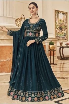Faux georgette Teal blue Anarkali Suit in Embroidered AS3238