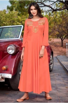 Rayon Peach Gown Dress in Embroidered GW0349