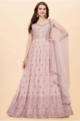 Anarkali Suit Rose pink in Faux georgette with Embroidered AS3257