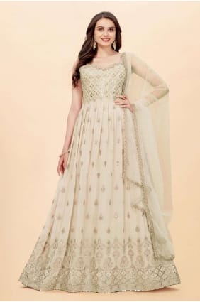 Faux georgette Embroidered Cream Anarkali Suit with Dupatta AS3258