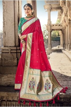 Lace border Banarasi silk Banarasi Saree in Red with Blouse SR22544
