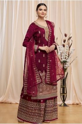 Wine Islamic Palazzo Suit with Embroidered Jacquard PZ3131