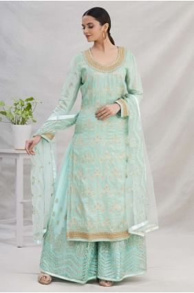 Blue Islamic Palazzo Suit in Jacquard with Embroidered PZ3133