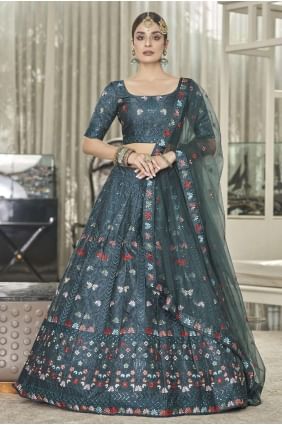 Teal green Silk Embroidered Islamic Lehenga Choli with Dupatta LC5824