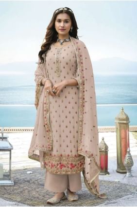 Faux georgette Peach Pakistani Palazzo Suit in Embroidered PZ3159