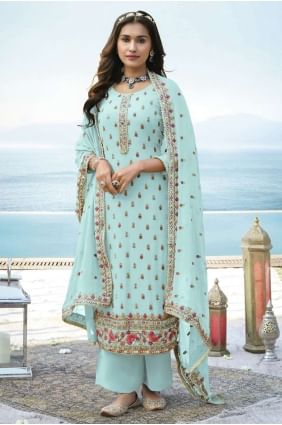 Embroidered Faux georgette Sea green Pakistani Palazzo Suit with Dupatta PZ3161