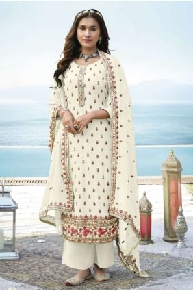 White Faux georgette Embroidered Pakistani Palazzo Suit with Dupatta PZ3162