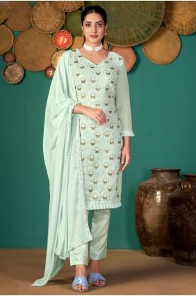 Embroidered diwali Salwar Kameez in Green Faux georgette SK14960