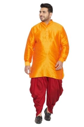 Plain Banglori silk Men Dhoti Kurta in Yellow KURU0082
