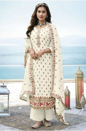Embroidered Faux georgette Diwali Palazzo Suit in Off white PZ3192