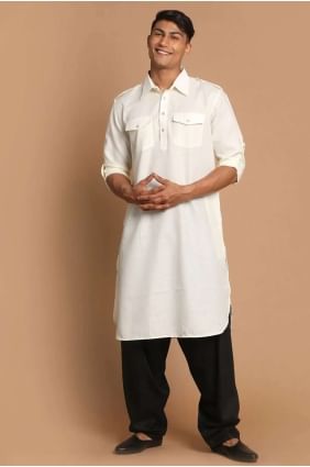 Off white Cotton Plain Men Kurta KURU0106
