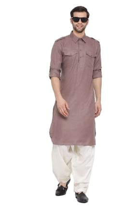 brown Cotton Plain Men Kurta KURU0107