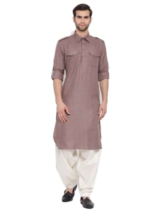 Cotton Men Kurta with Plain in brown KURU0108