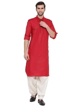 Men Kurta in Red Cotton with Plain KURU0110