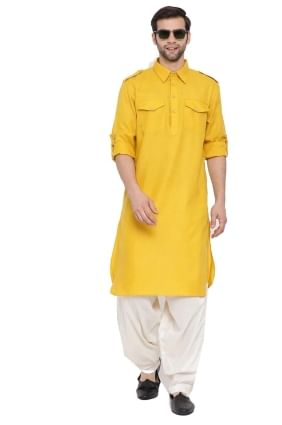 Yellow Men Kurta in Plain Cotton KURU0111