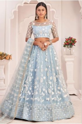 Embroidered Net Party Lehenga Choli in Sky blue with Dupatta LC5869
