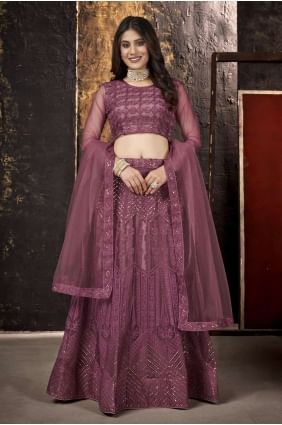 Wine Embroidered Lehenga Choli in Net LC5925