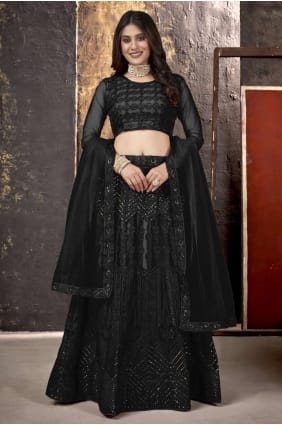 Net Lehenga Choli with Embroidered in Black LC5926