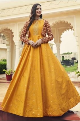 Cotton Embroidered Mustard Gown Dress with Dupatta GW0387