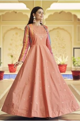 Peach Cotton Embroidered Gown Dress with Dupatta GW0394