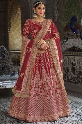Embroidered Maroon Velvet Bridal Lehenga Choli with Dupatta LC5984
