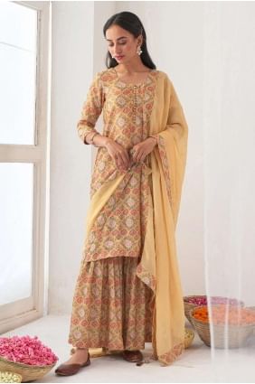 Yellow Printed Sharara Suit in Muslin SS0914