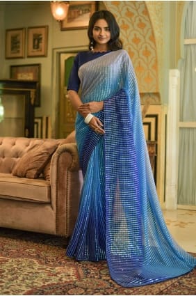 Blue Embroidered Saree in Georgette SR23270
