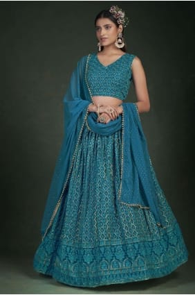 Georgette Party Lehenga Choli in Rama blue with Embroidered LC6087