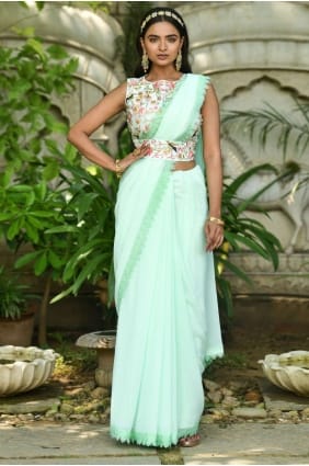 Thread,embroidered Party Wear Saree in Pista Georgette SR23302