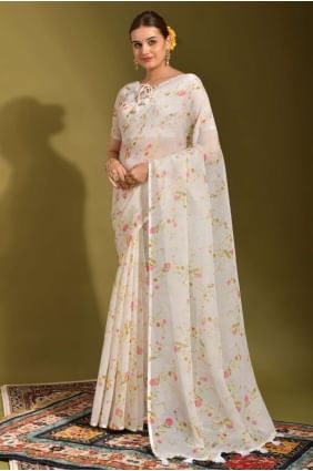 Linen Saree with Printed in White SR23420