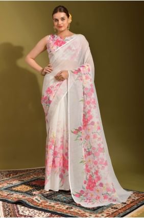 White Saree with Printed Linen SR23422