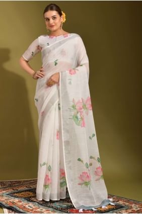 Printed White Saree in Linen SR23424