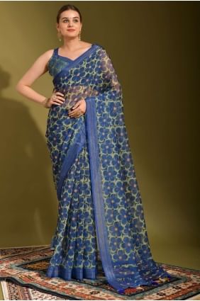 Saree with Blue Printed Linen SR23429