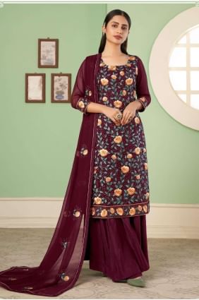 Georgette Embroidered Pakistani Suit in Maroon with Dupatta PZ3357
