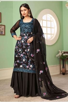 Embroidered Georgette Pakistani Suit in Black with Dupatta PZ3358