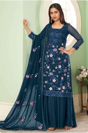 Blue Embroidered Pakistani Suit in Georgette PZ3360