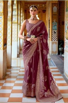 Silk Wine Saree in Printed,weaving SR23485