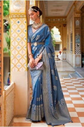 Printed,weaving Silk Saree in Blue SR23487
