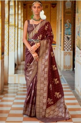 Wine Saree in Silk with Printed,weaving SR23493