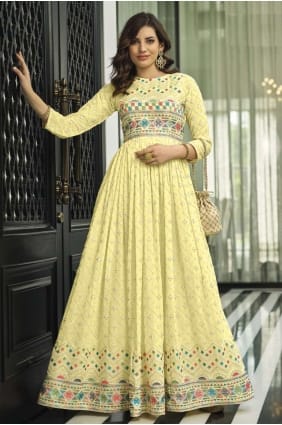 Yellow Anarkali Suit in Embroidered Faux georgette AS3322
