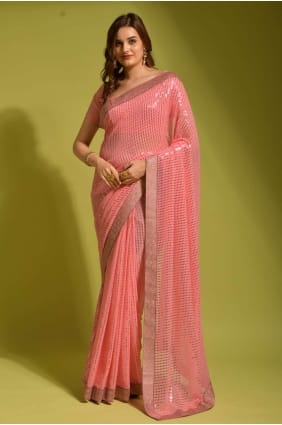 Pink Embroidered Georgette Party Wear Saree SR23581
