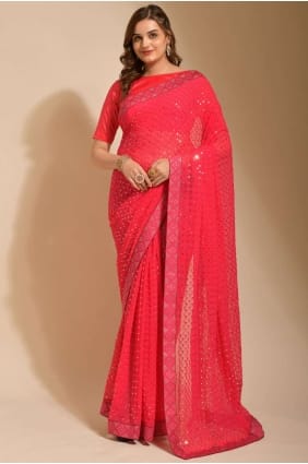 Pink Party Wear Saree in Georgette with Embroidered,lace border SR23585