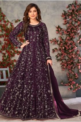 Soft net Anarkali Suit with Embroidered in Purple AS3325